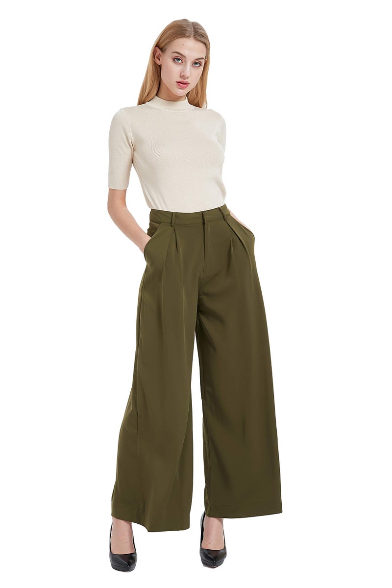Tronjori Women High Waist Casual Wide Leg Long Palazzo Pants Trousers Regular Size(L,Olive) - Image 2